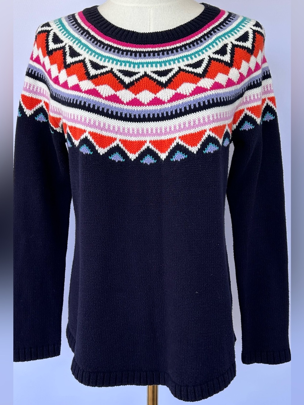 Talbots Petites Women’s Fair Isle Pullover Sweater Navy & Multicolor Yoke MedP